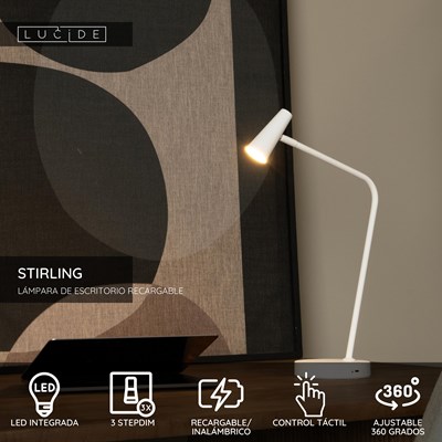 Lucide STIRLING - Lámpara de escritorio Recargable - Batería/acumulador - LED 3 StepDim - 1x3W 2700K - Blanco
